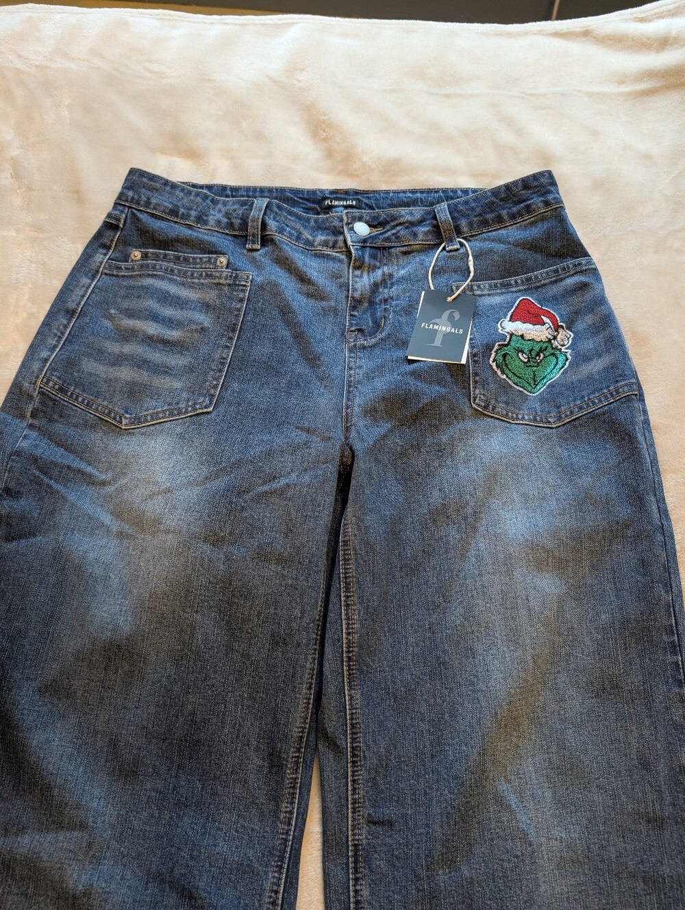 Flamingals Mid-rise Wide-Leg Jeans Holiday Grinch Embroidery NWT Women's 2XL - Picture 7 of 10